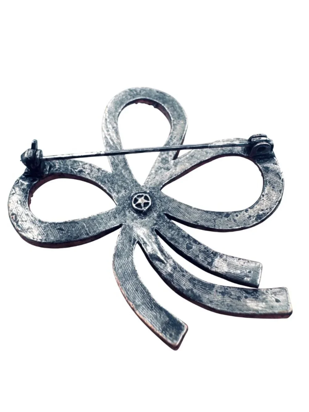 Vintage Art Deco Revival Brooch Cast Gun Metal Black Glass Gothic Bow Whimsygoth